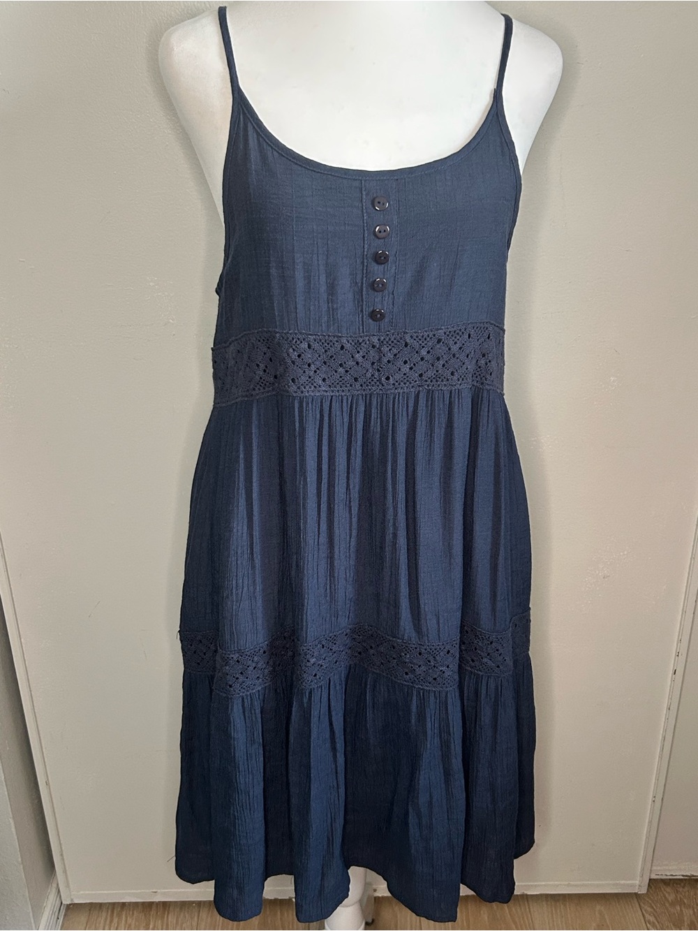Wishlist Apparel Boho Navy Blue Tiered Mini Sundress with Crochet Lace Trim